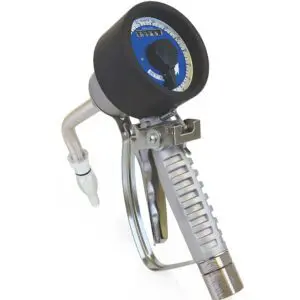 A spray gun with a black hose and blue knob.