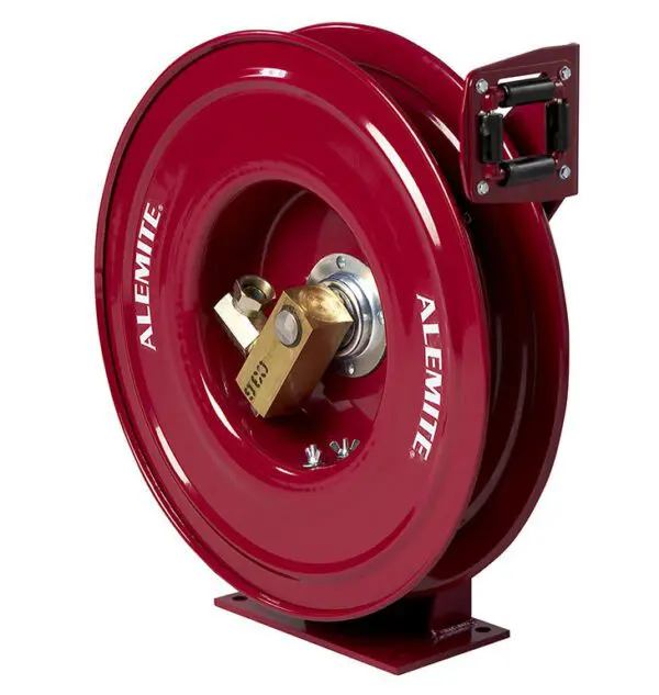 A red hose reel with the handle on it.