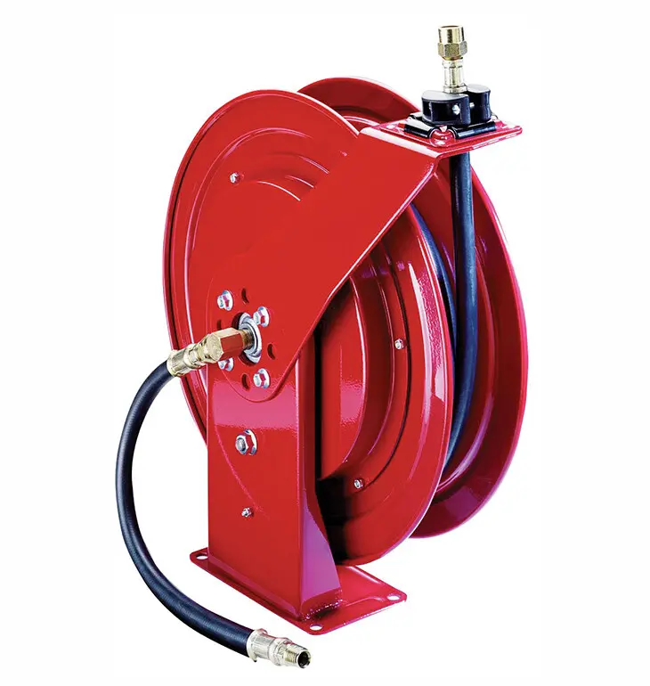 A red hose reel with an extension tube attached to it.