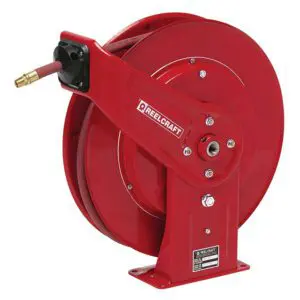 A red hose reel with the handle extended.