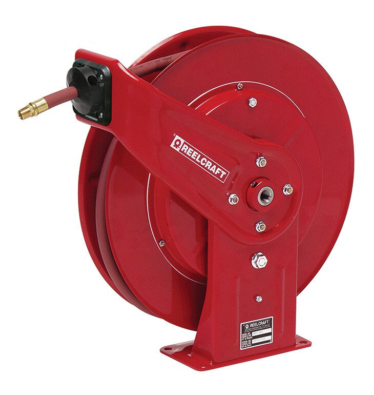 A red hose reel with the handle extended.