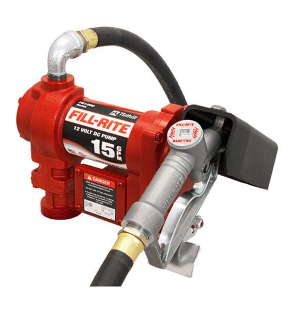 A red fuel pump with a hose attached to it.