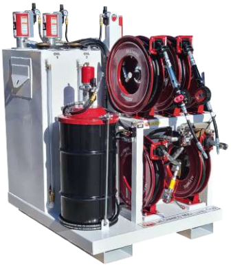 A red and white machine with two black barrels