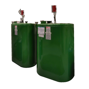 Two green tanks with a red light on top.