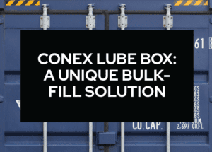 A blue box with the words " conex lube box : a unique bulk-fill solution ".
