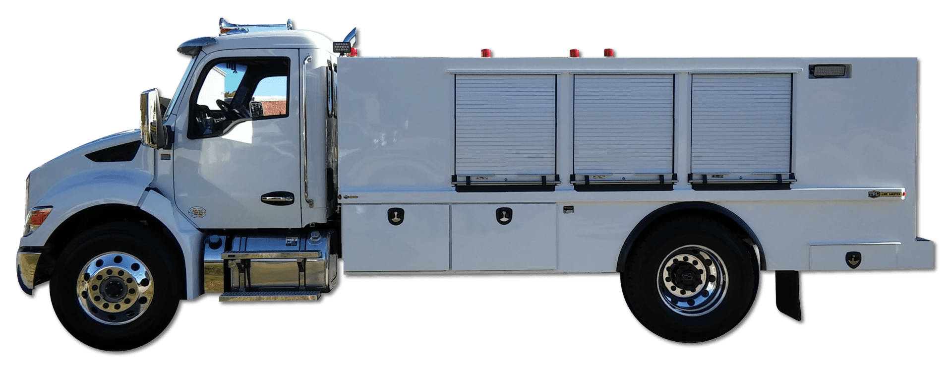 A large white truck with two doors and wheels.