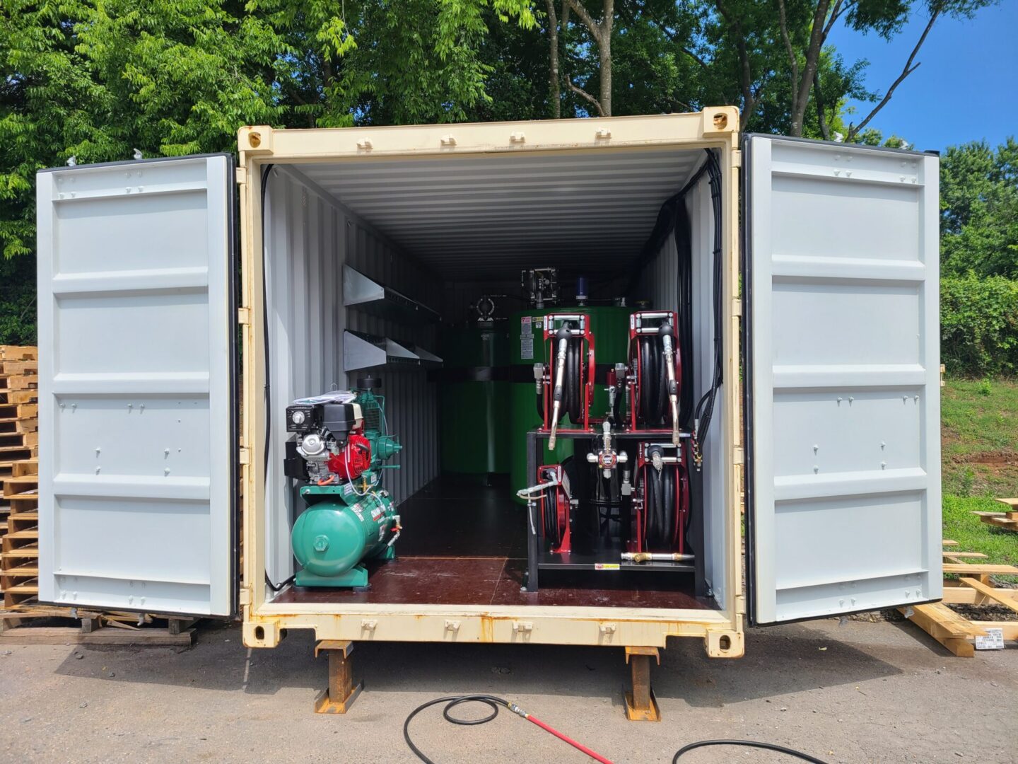 A container with many different types of equipment inside.