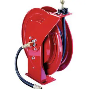 A red wall-mounted air hose reel.