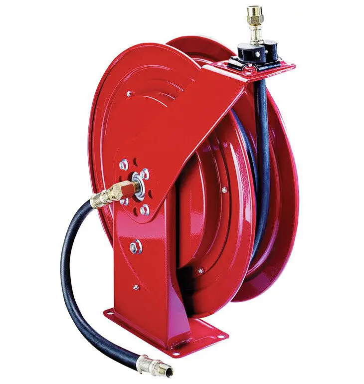 A red wall-mounted air hose reel.