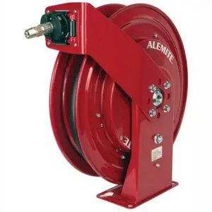 Red wall-mounted hose reel with black hose.