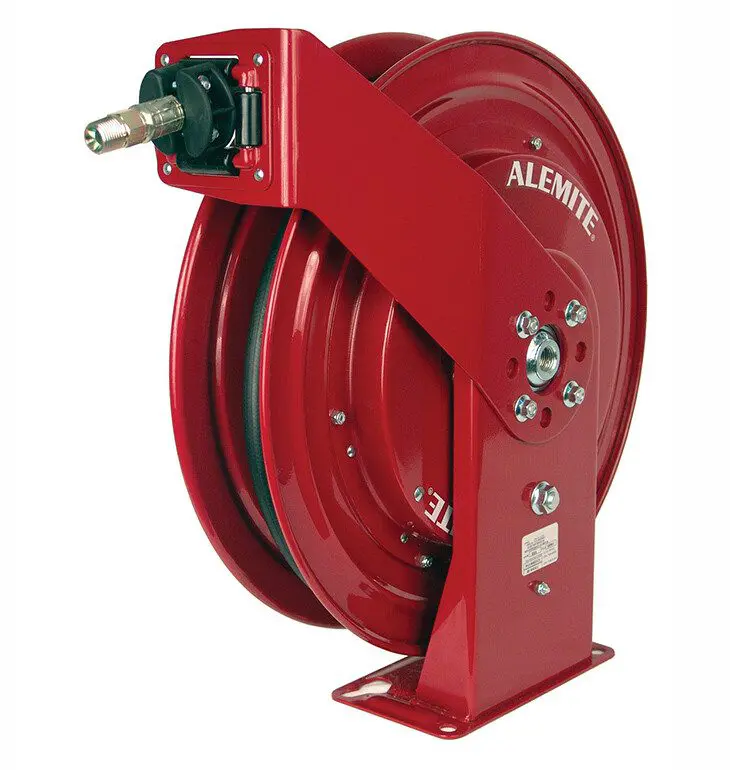 Red wall-mounted hose reel with black hose.
