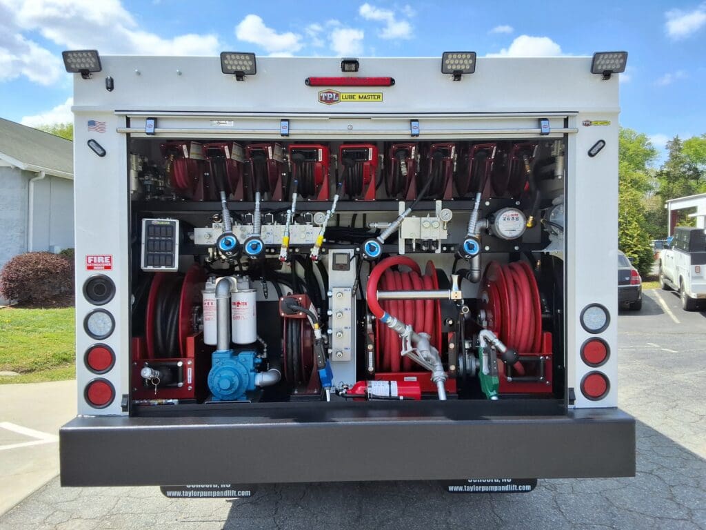 The reel compartment on Gaines' lube truck