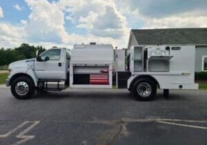 A white truck parked in the parking lot.